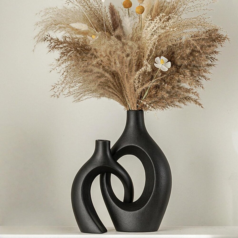Snuggle Hollow Ceramic Vase Set of 2 Boho ins Style Round Decorative Black Vase